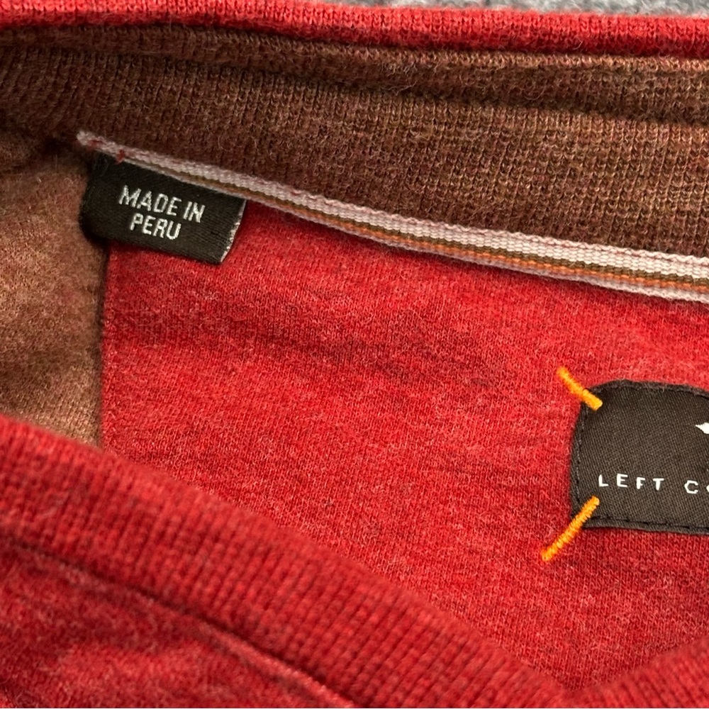 Left Coast Tee Pima Cotton V-Neck Sweater Red Elbow Patches Men's Size L Peru - Picture 11 of 13